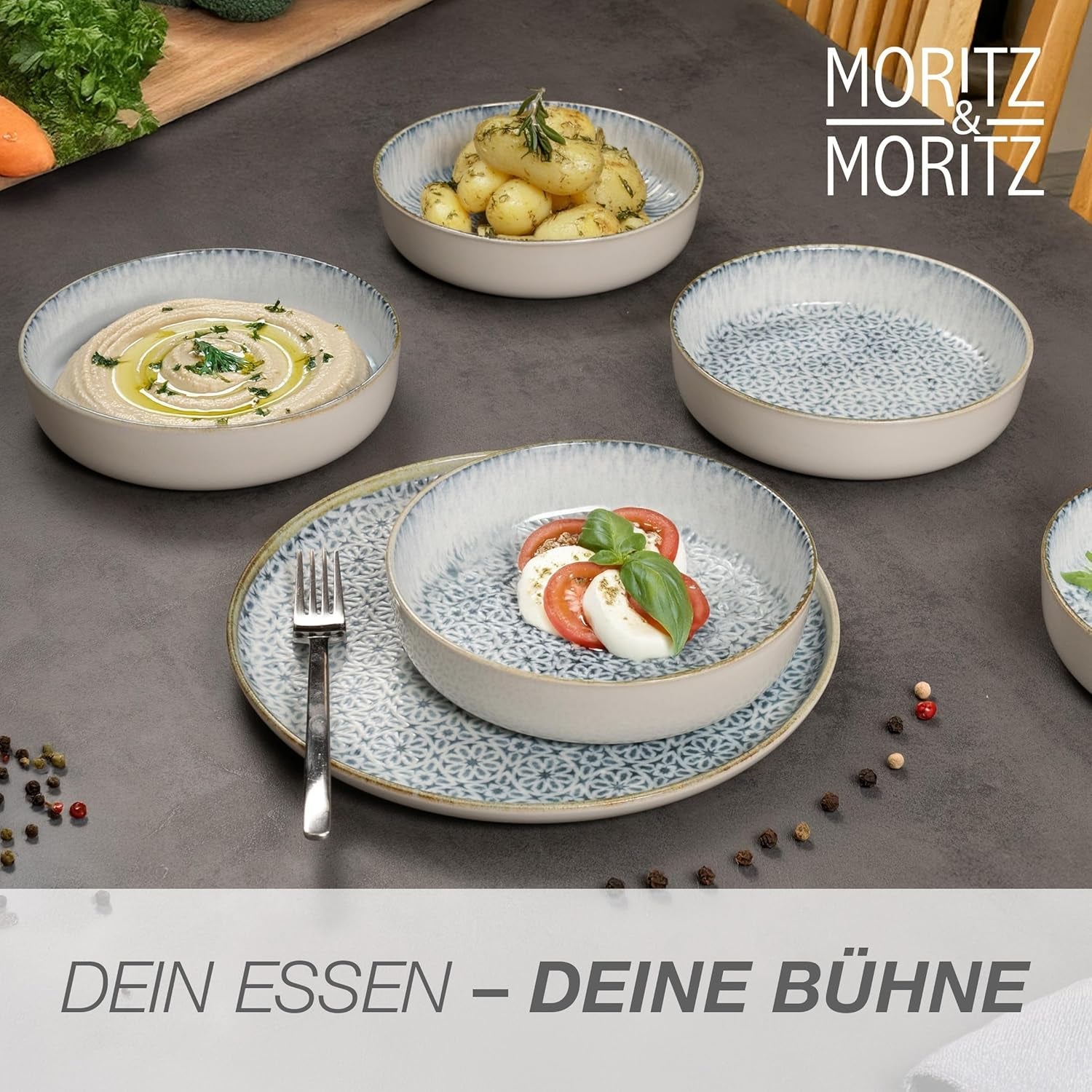 Moritz & Moritz ALHAMBRA serviesset voor 6, 18-delig, hoogwaardig porselein - modern blauw servies - onderhoudsvriendelijk set inclusief 6 dinerborden, 6 dessertborden en 6 kommen