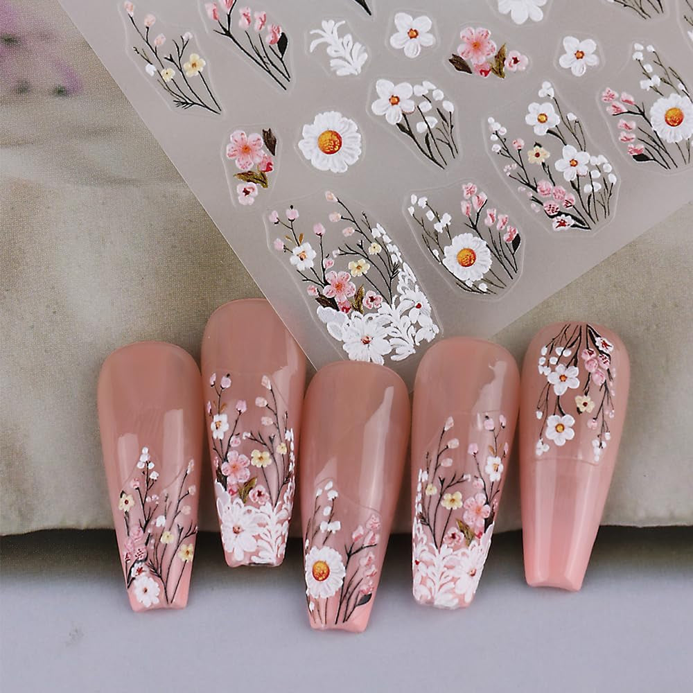 Pruimenbloem Nagelstickers, Wit Roze Bloem Nagelstickers, Bloemnagelstickers met Reliëf, Lente Zomer Bloemnagelstickers, Nagelontwerpen, Nagelaccessoires, Nagelkunst