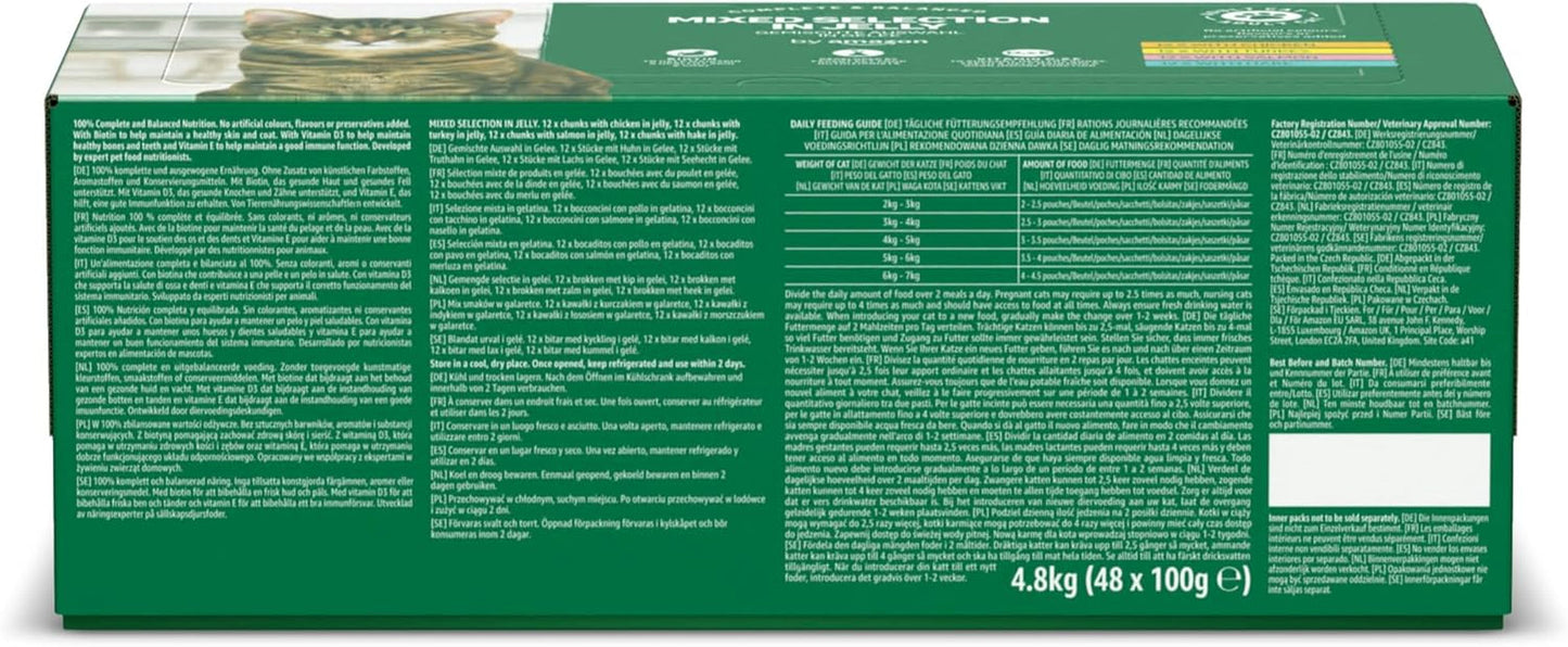 Amazon Graanvrij nat kattenvoer voor volwassen katten Gemengde selectie in gelei 4,8 kg (48 verpakkingen van elk 100 g)