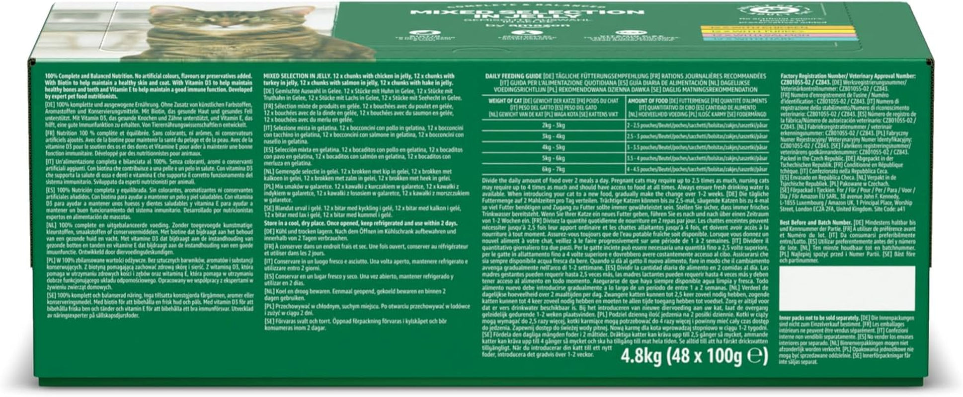 Amazon Graanvrij nat kattenvoer voor volwassen katten Gemengde selectie in gelei 4,8 kg (48 verpakkingen van elk 100 g)