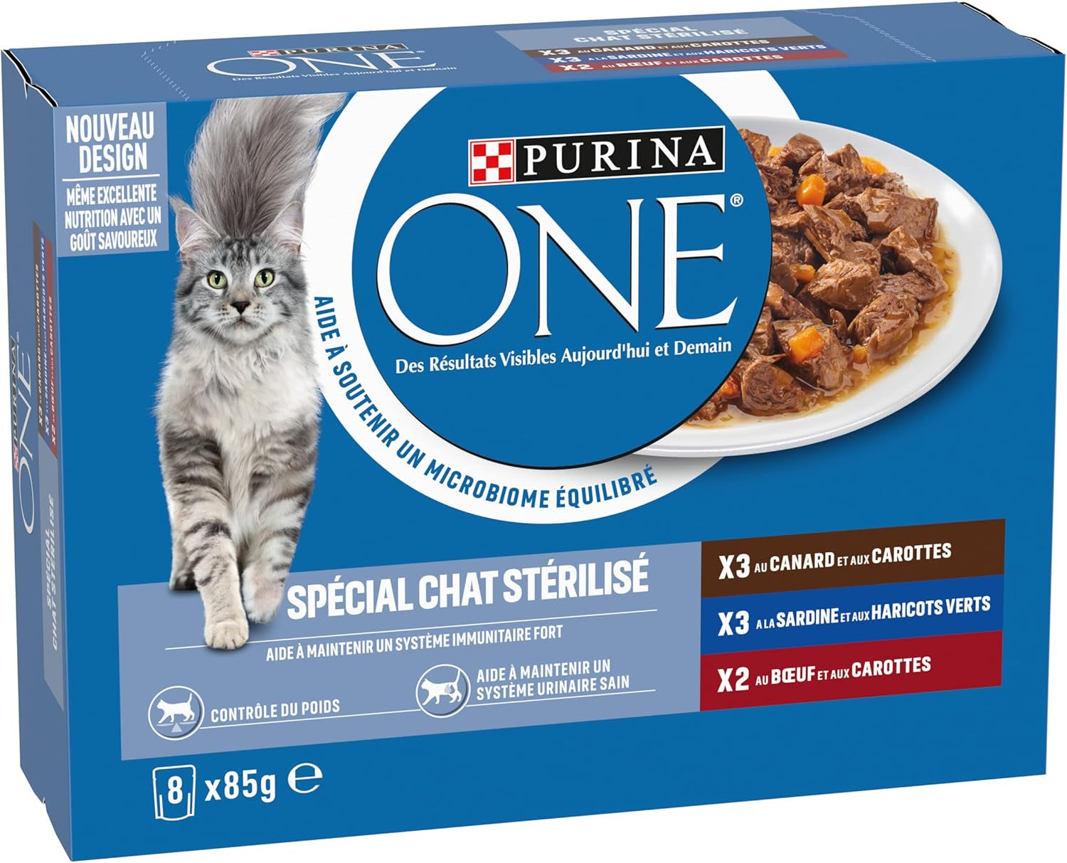 PURINA EEN | BIFENSIS | Voer voor gesteriliseerde volwassen katten | Ondersteunt de vitaliteit, botten, spieren en gewrichten van de kat | In saus | Zakjes met eend, sardines, rundvlees, versheid | 1 stuk (8 x 85 g)