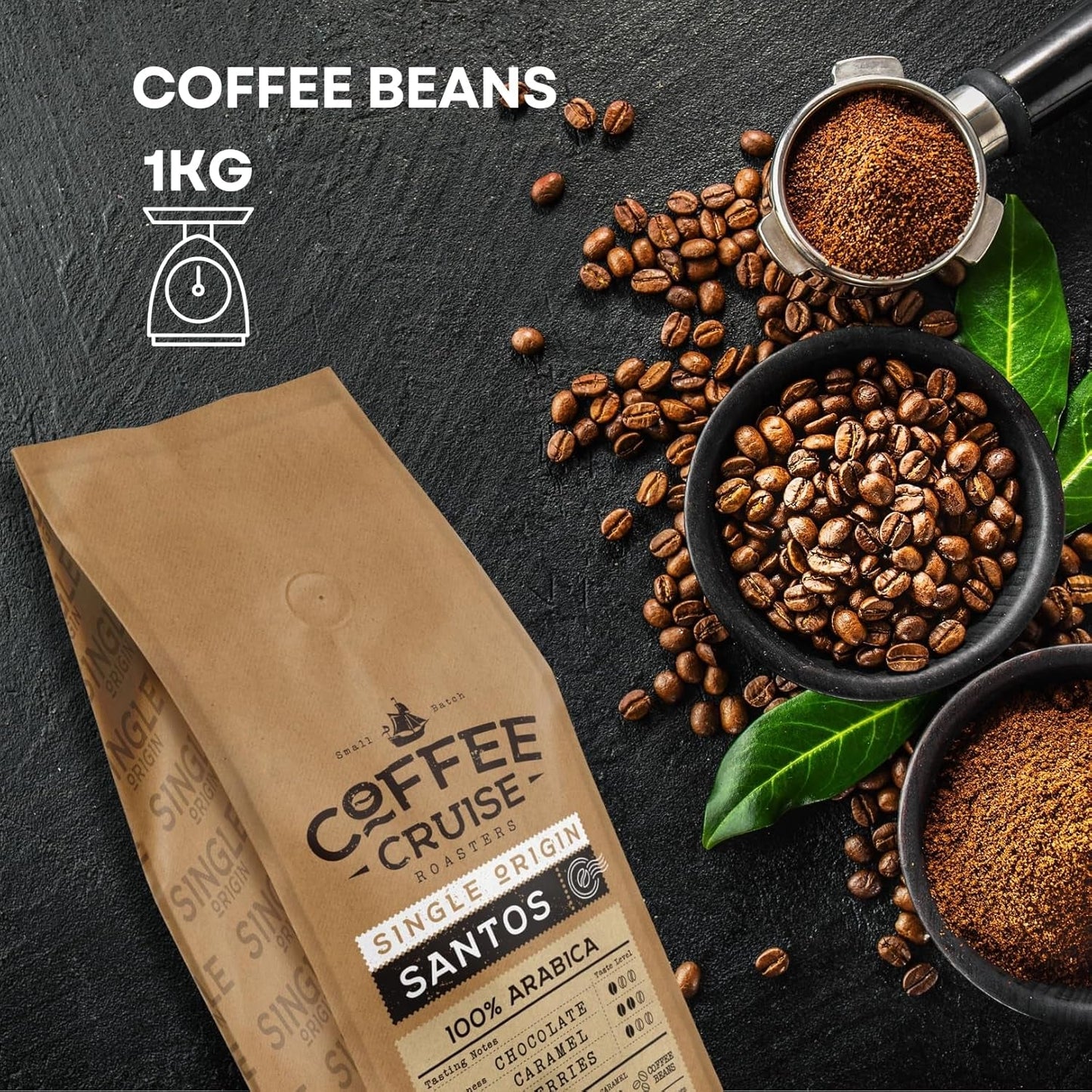 KOFFIECRUISE Santos Kaffeebohnen 1kg - Mittlere Röstung - Aroma Caramel - Für All Kaffeemaschinen - 100% Arabisch
