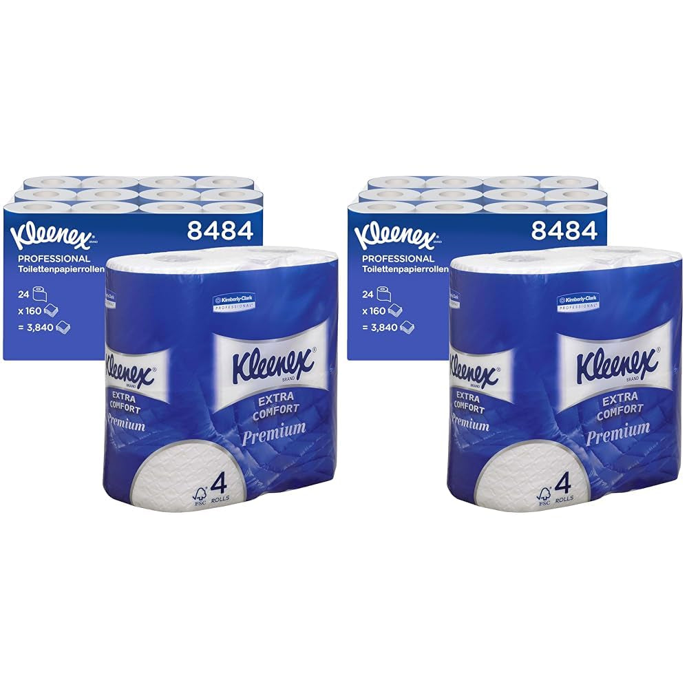 Kleenex Premium toiletpapierrollen 8484, toiletpapier 24 rollen x 160 gepofte vellen, 4-laags toiletpapier, 100% zuivere vezels, hoge kwaliteit, scheurbestendig en zacht (2-pack)