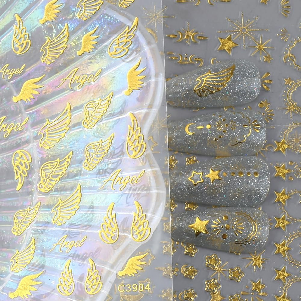 8 vellen gouden maan en sterren nagelkunststickers engelenvleugels bruin gouden nagelstickers sterren nagelfolie zelfklevende nagelstickers nagelontwerpaccessoires nagelstickers