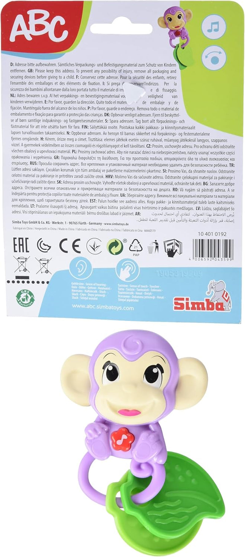 Simba 104010192 - ABC-aap muzikale rammelaar, 2 sensorische elementen, met muzikale functie, 17cm, speelgoed voor kinderen, vanaf 6 maanden Babyspeelgoed Naty Shop
