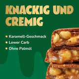 Karamel Hazelnoot Chocoladerepen vooruit | 12 chocoladerepen x 35 g zonder toegevoegde suiker | 1,9 g suiker per reep | Krokante hazelnoot- en karamelsmaak | Koolhydraatarme snoepjes | Geen palmolie