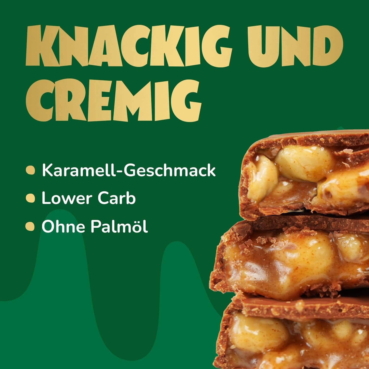 Karamel Hazelnoot Chocoladerepen vooruit | 12 chocoladerepen x 35 g zonder toegevoegde suiker | 1,9 g suiker per reep | Krokante hazelnoot- en karamelsmaak | Koolhydraatarme snoepjes | Geen palmolie