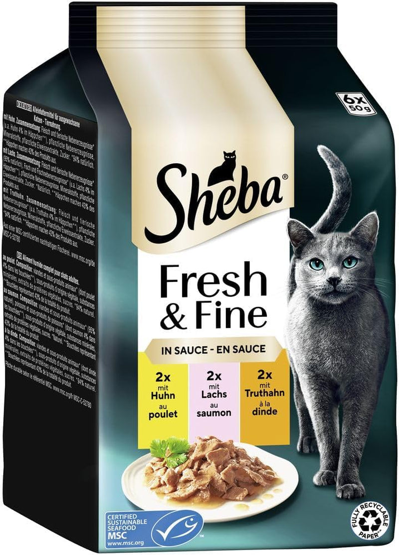 Sheba Portion Pouches Natvoer voor katten, multipack Fresh & Fine in saus met MSC kip en zalm, 6x6x50g - Fijne maaltijden voor katten in saus