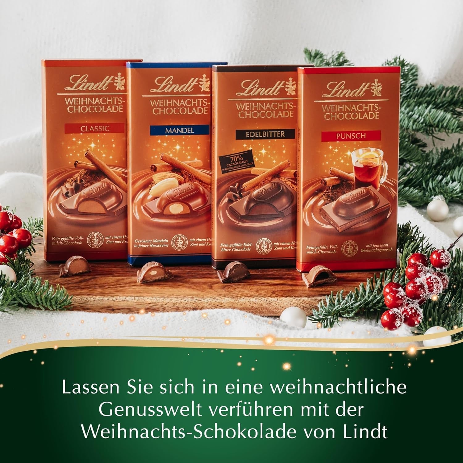 Lindt Kerstamandelchocoladereep | 100 gram | Amandelen in walnotencrème omhuld met de fijnste melkchocolade | Chocolade kerstcadeau