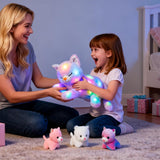 LED-muzikale pluche kat, licht zingend speelgoed, moederkat met 3 kittens in de buik, geanimeerd slaapliedje, rustgevend speelgoed voor moeders, kinderen, kleine meisjes, regenboog, 45 cm