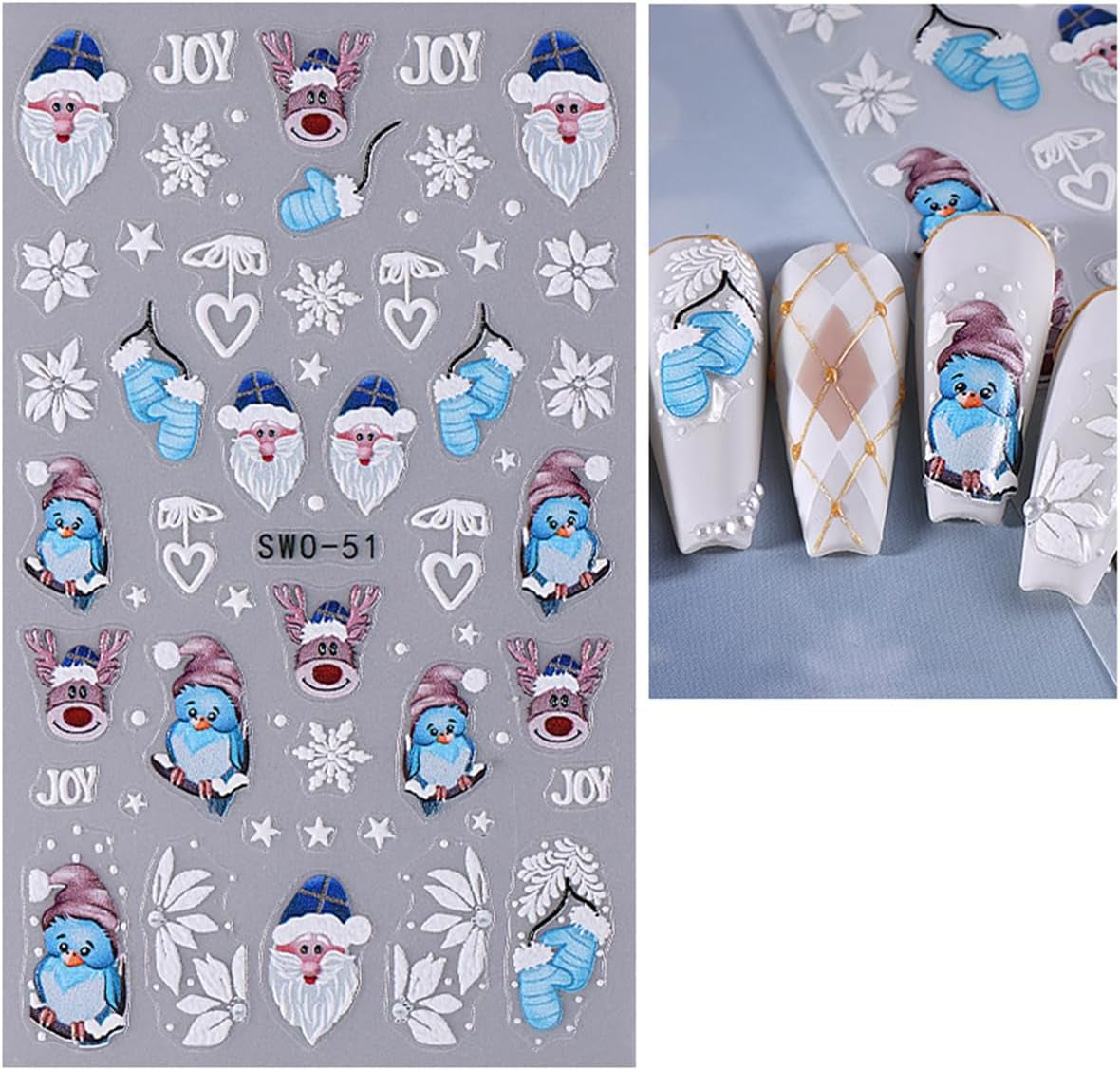 JMEOWIO Nagelsticker Weihnachten 6 Blatt Nail Art Sticker Selbstklebend Nagelaufkleber Schneeflocke Winter Urlaub Süß Decoratie Nageldesign Zubehör