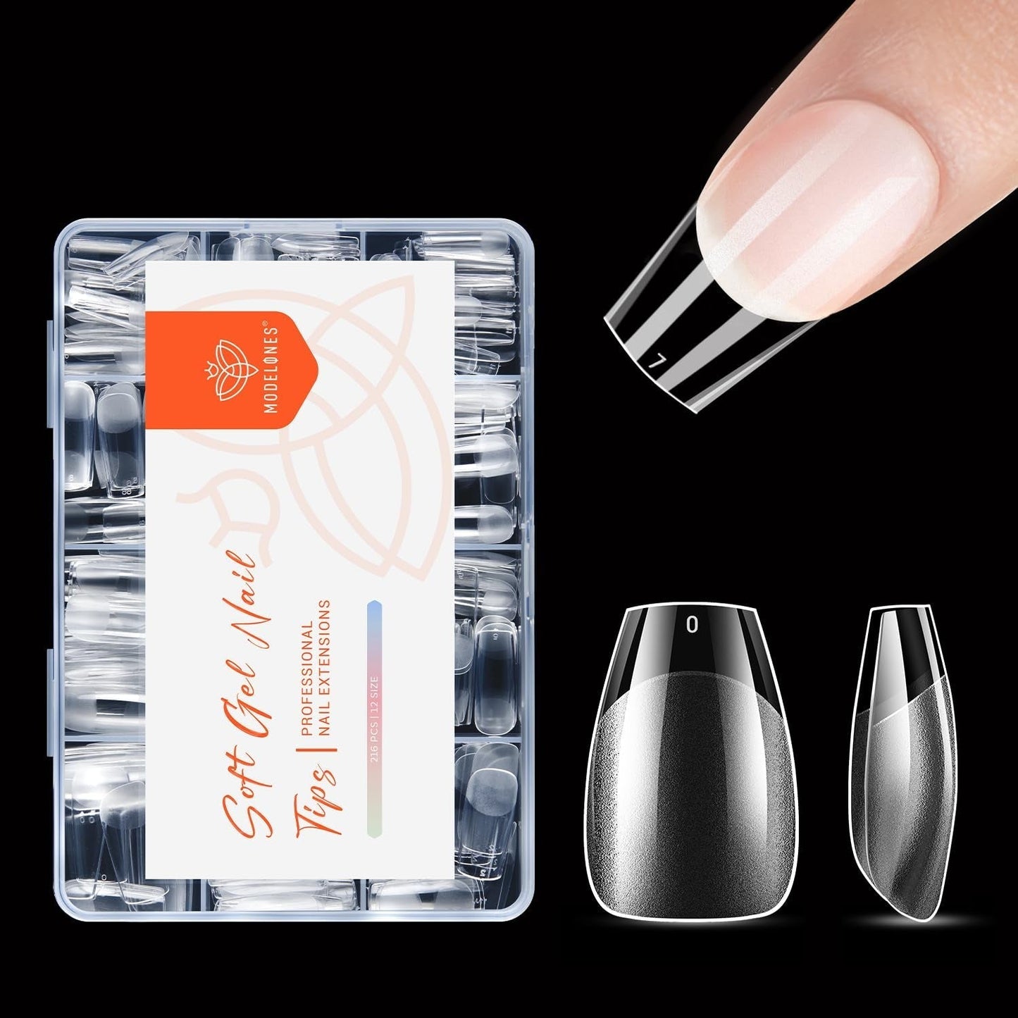 Modelones nageltips 216 stuks - volledige dekking nageltips set, zachte gel tips set, pre-polijsten PMMA hars nageltips, doe-het-zelf lijm op nail art kunstnagels, korte amandelen XS