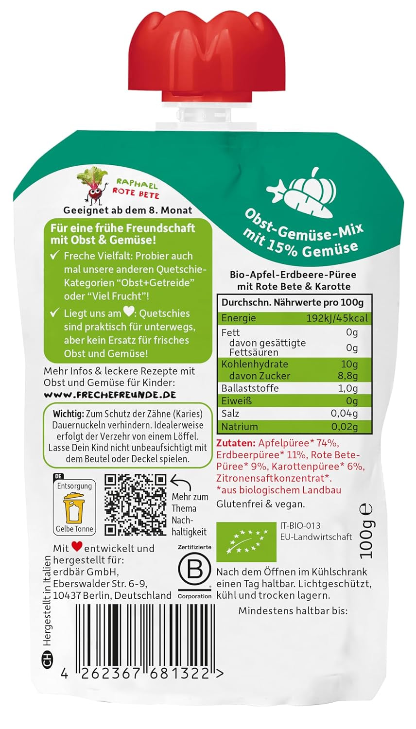 FRECHE FREUNDE Biologisch knijpfruitzakje met appels, aardbeien, rode biet en wortel, fruit- en groentepuree in knijpzakje voor baby's vanaf 6 maanden, veganistisch, 6 stuks (6 x 100 g)