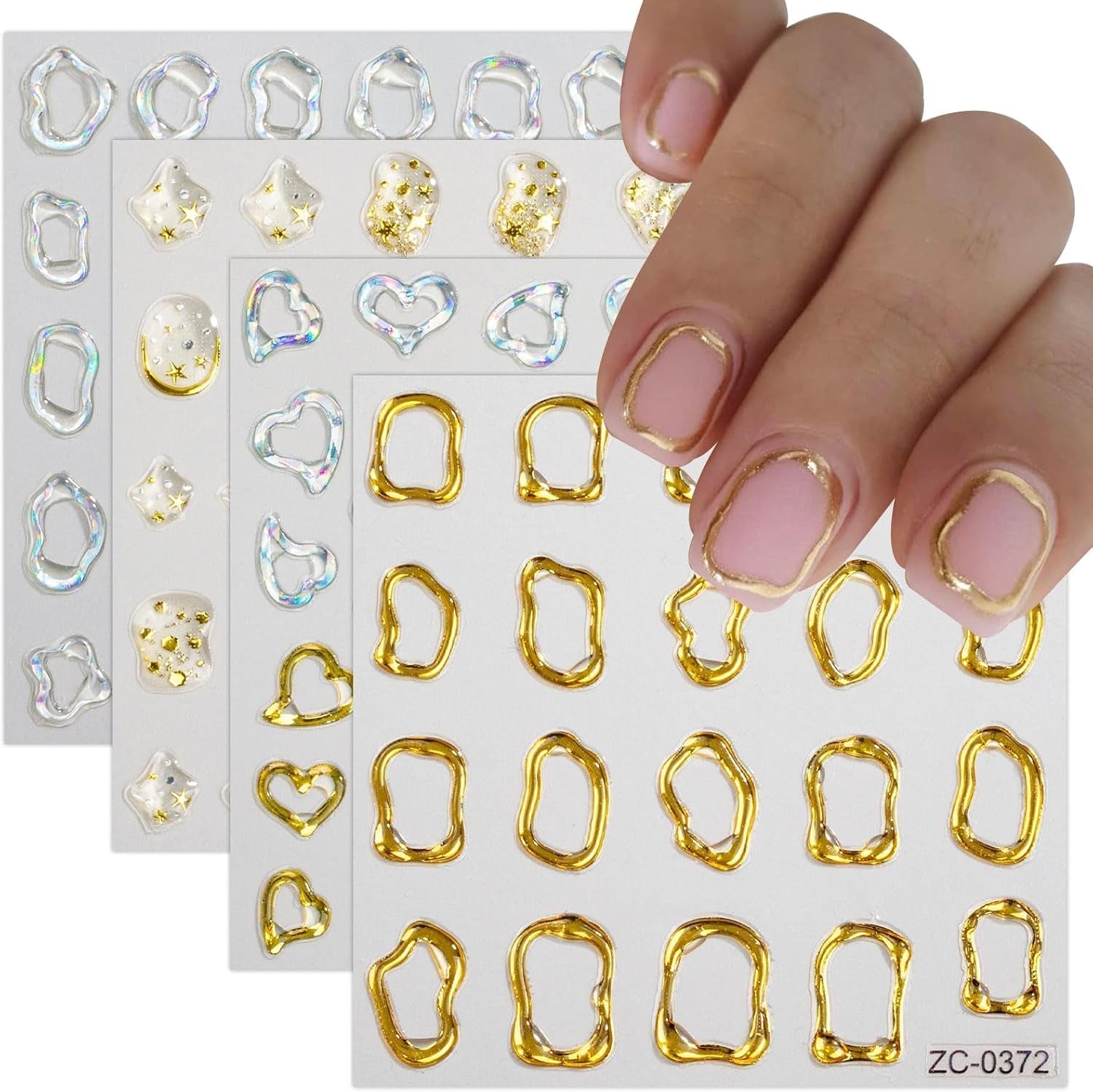 JMEOWIO 6 Blatt 3D Nagelsticker Goldene Onregelmatige Geometrische Nail Art Sticker Selbstklebend Nagelaufkleber 5D Stereoskopische Decoratie Nageldesign Zubehör