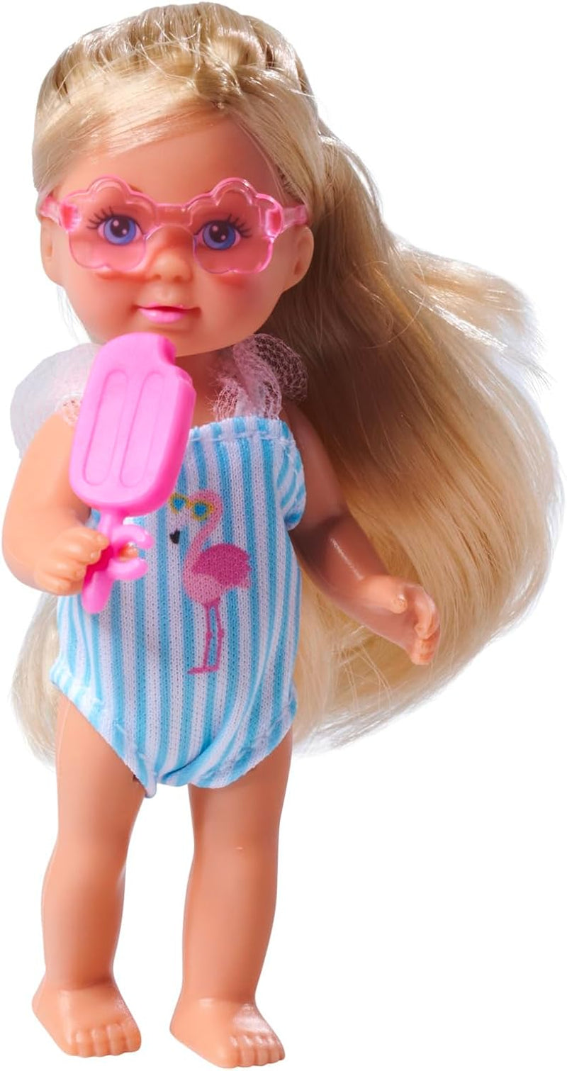 Simba Evi Love Travel, 2 verschillende modellen, er wordt slechts ÉÉN artikel geleverd, pop in een koffer op wielen, draagt ​​een zwempak met ruches, inclusief zonnebril en ijsje, 12 cm, vanaf 3 jaar