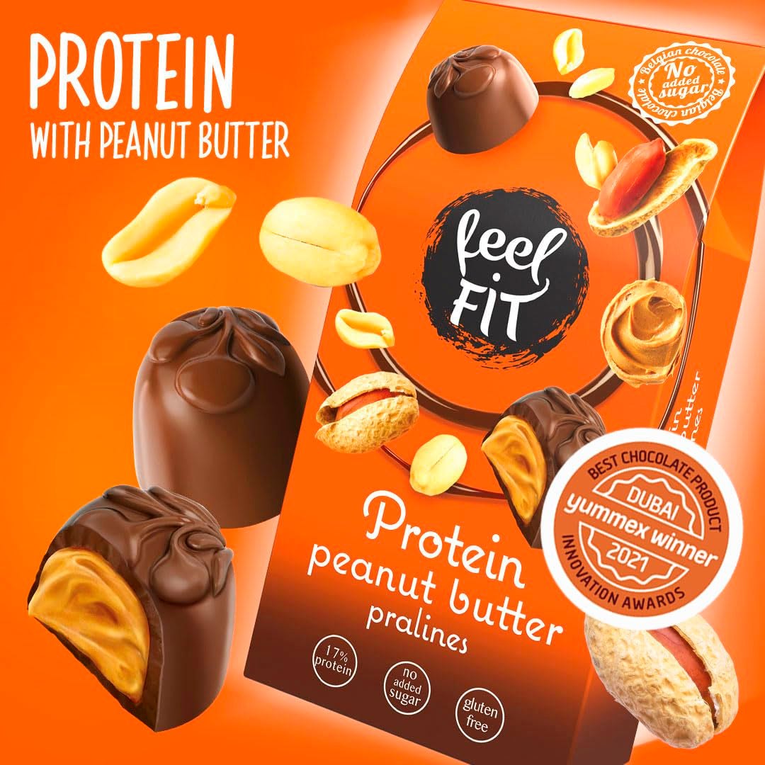 Feel FIT Proteïnepralines met pindakaas in melkchocolade van hoge kwaliteit, zonder toegevoegde suiker, 17% eiwit, glutenvrij 66 g (1 pak)