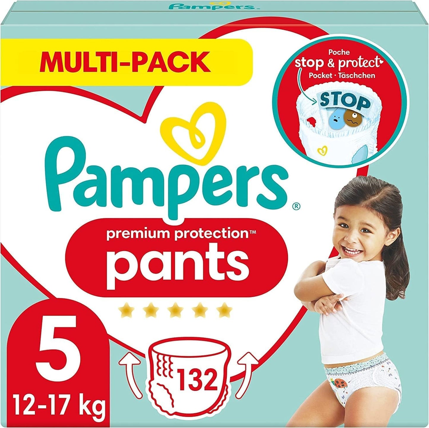 Pampers Premium Protection Broekje Maat 7, 123 Luiers, 15kg+, met 360° aanpassing en zachte anti-lek manchetten voor optimaal comfort en bescherming