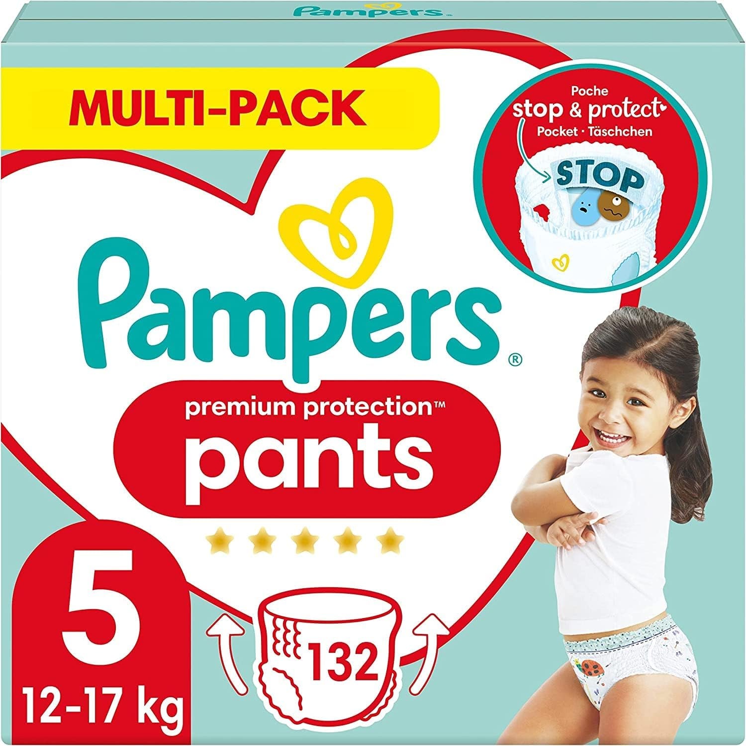 Pampers Premium Protection Broekje Maat 7, 123 Luiers, 15kg+, met 360° aanpassing en zachte anti-lek manchetten voor optimaal comfort en bescherming