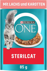 PURINA ONE STERILCAT nat kattenvoer, zachte stukjes in saus voor gesteriliseerde katten, met zalm, verpakking van 26 (26 x 85 g)