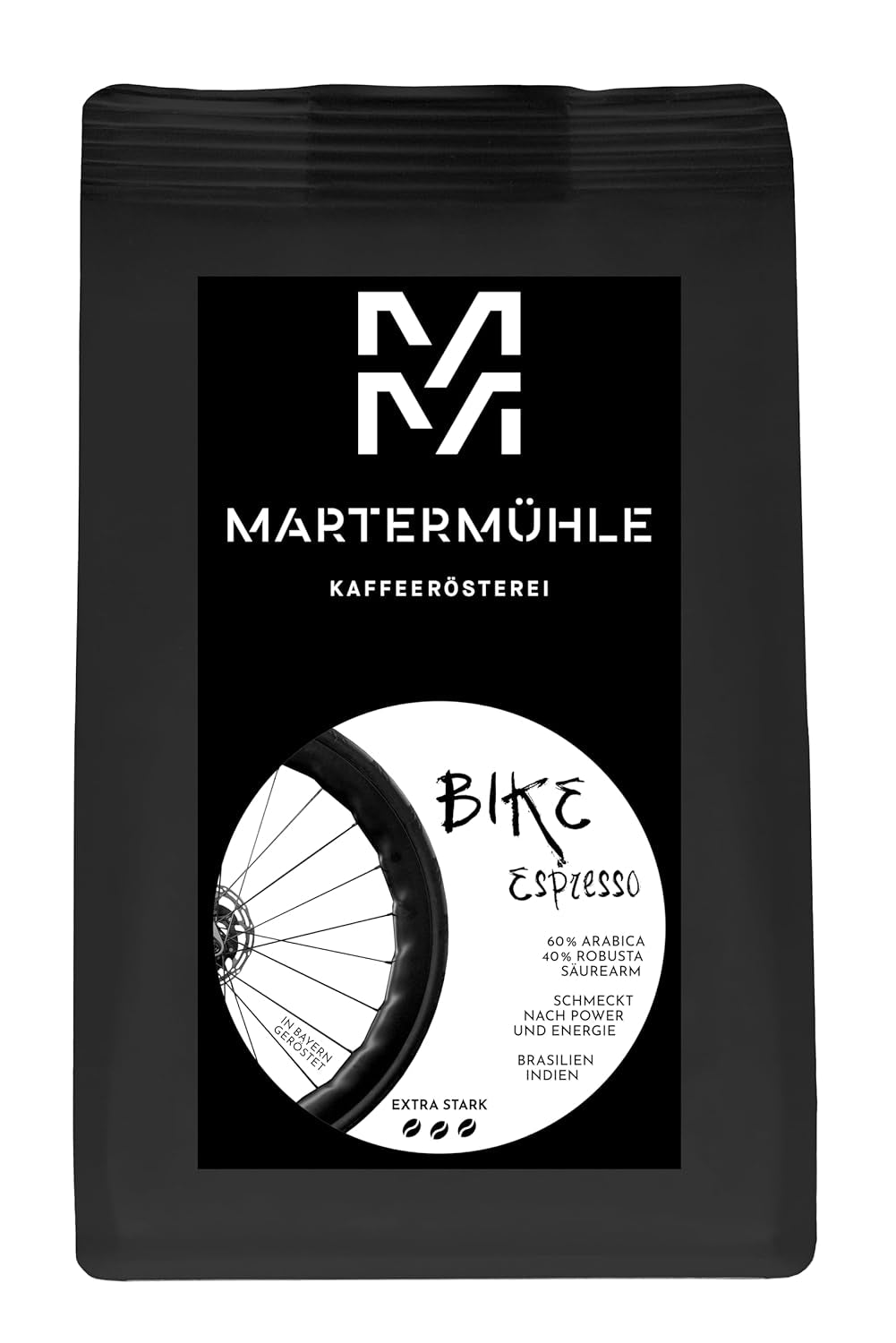 Espressobonen Martermühle Bike 500g Sterk | Arabica/Robusta | Smaken: Macadamianoten, melkchocolade | Licht gebrande hele espressobonen, lage zuurgraad
