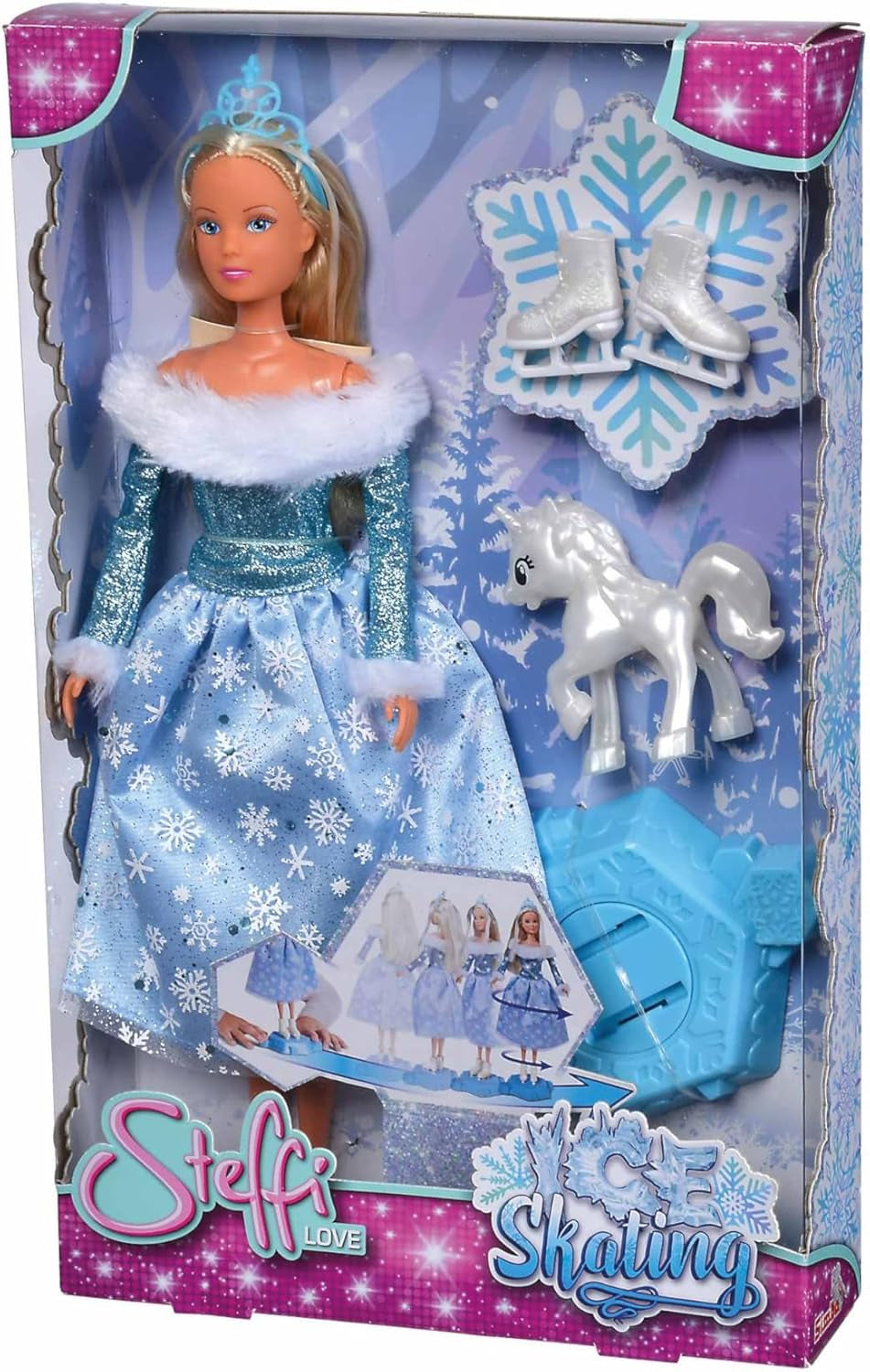 Simba 105733631 - Steffi Love Skating, winterprinses speelpop met magisch schaatsplatform en kleine eenhoorn, 29 cm, vanaf 3 jaar