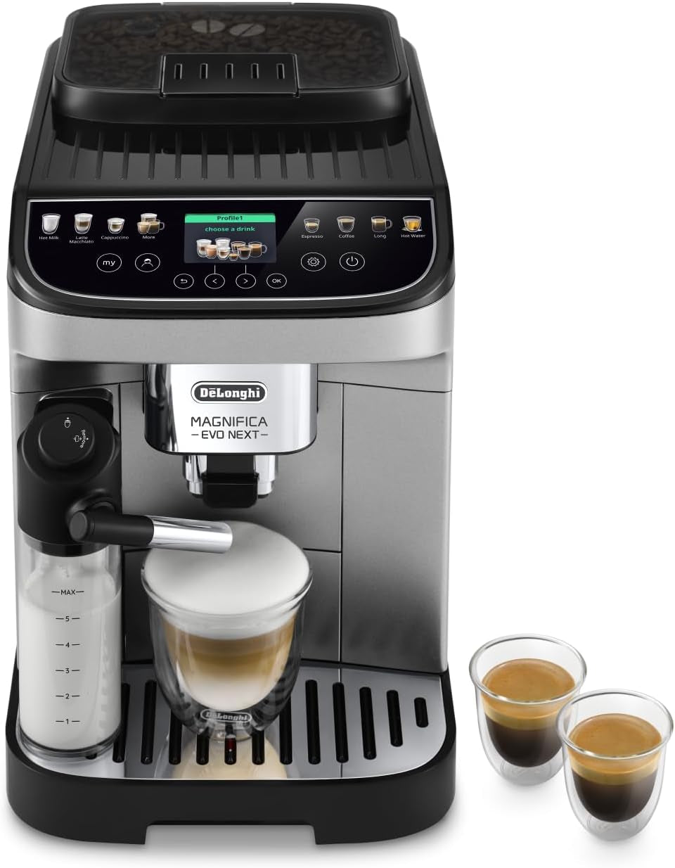 De'Longhi Magnifica Evo Next - Perfetto volautomatische espressomachine met LatteCrema melkopschuimer, 13 One-Touch-drankjes, koffie- en cappuccinomaker, kleurentouchscreen, titanium (ECAM312.80.TB)