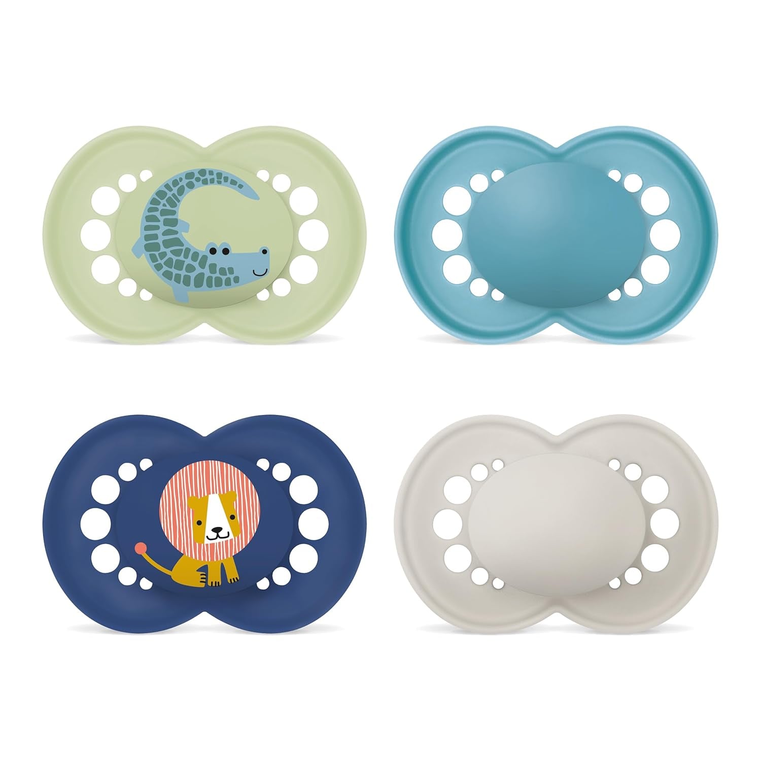 Originele MAM Fopspenen | 6-16 maandag | Fopspeenset voor baby's en peuters | Acceptatie 94% | Helpt ongewenste uitlijning van de tanden te voorkomen | SkinSoft siliconen babyfopspenen | Krokodil/Leeuw | Pakket van 4