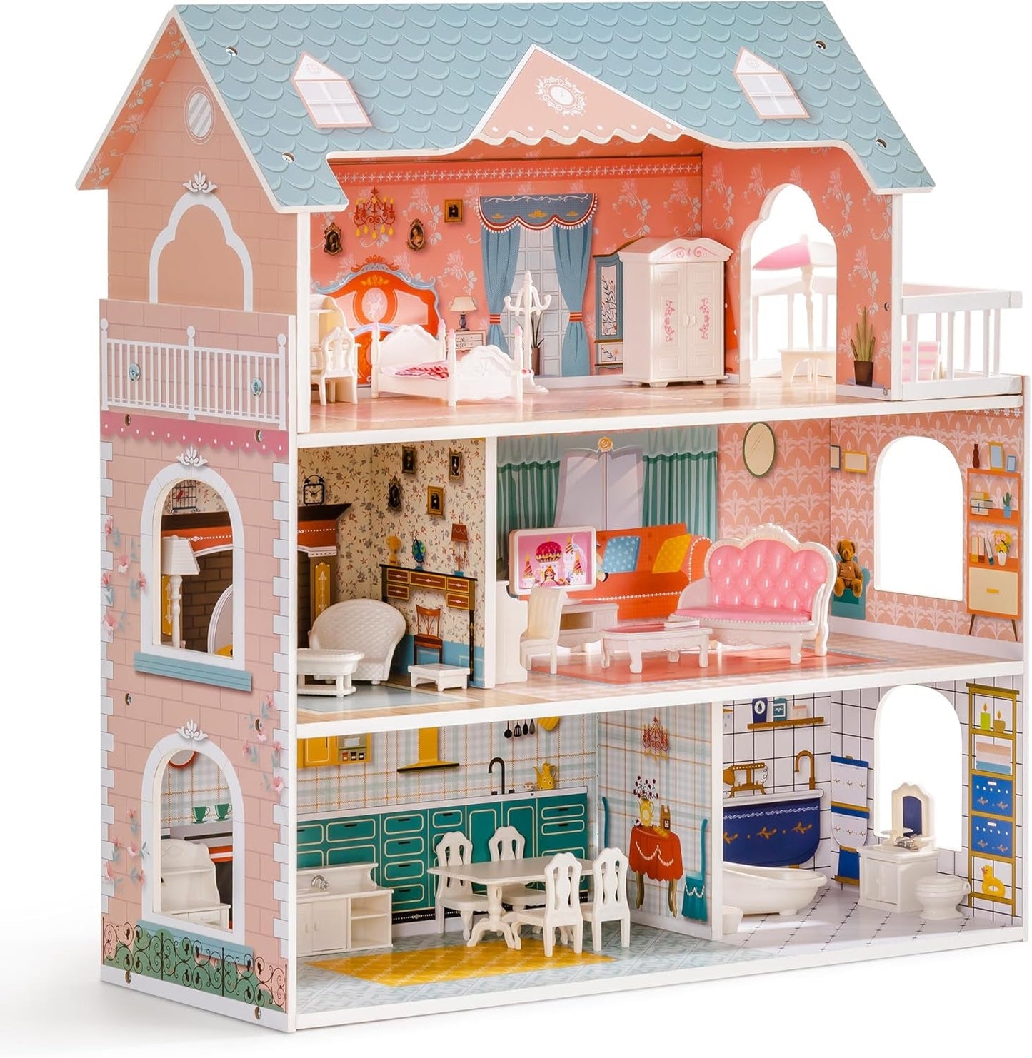 ROBUD Houten poppenhuis met meubels en accessoires Meisjeshuizen Speelhuis Kinderspeelgoed