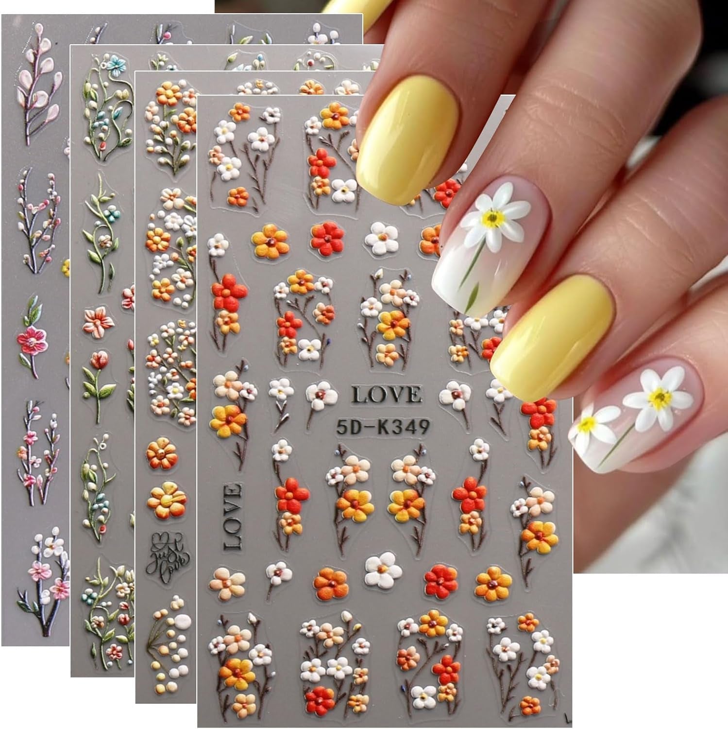 JMEOWIO 3D Nagelsticker Blumen Nail Art Sticker Selbstklebend Nagelaufkleber 5D Stereoskopisch Kruiden Blumen Decoratie Nageldesign Zubehör 4 Blatt