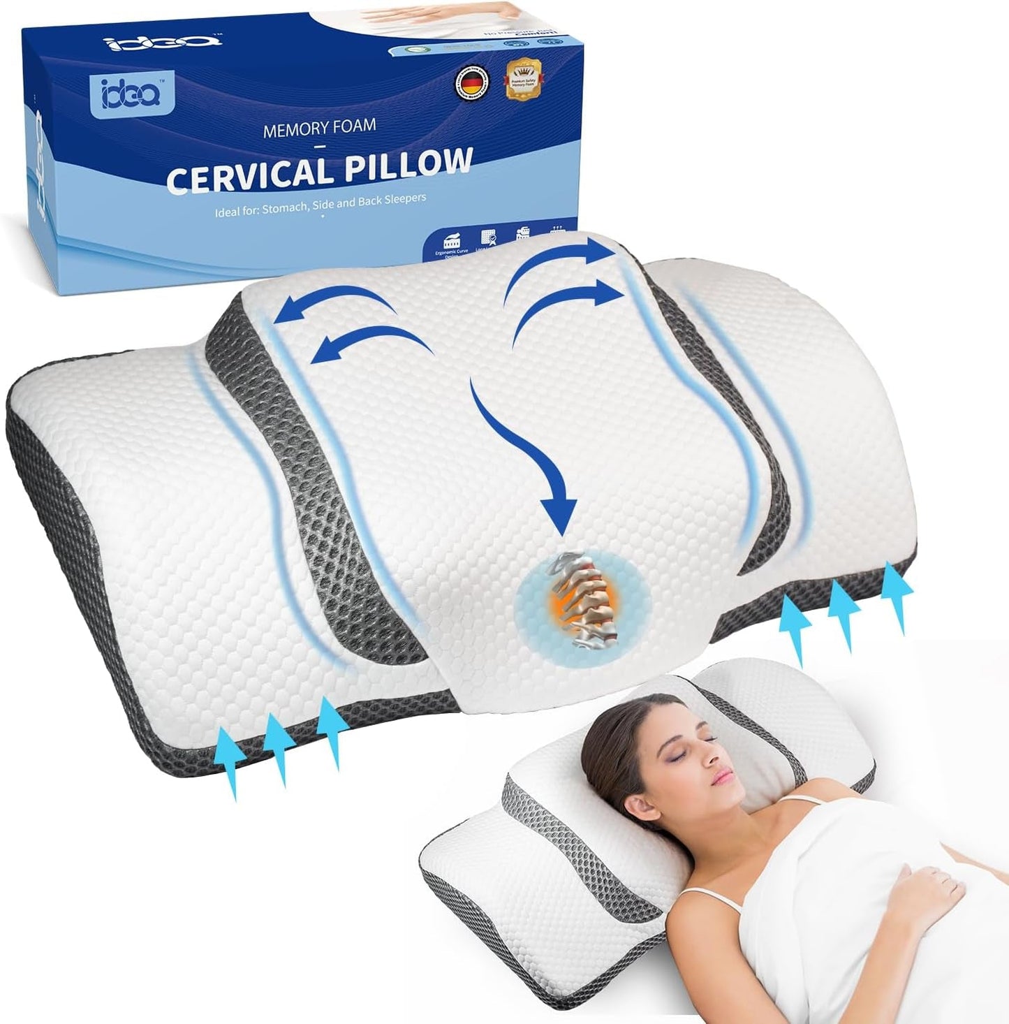 Orthopedisch kussen, ergonomisch nekkussen, hoofdkussen, origineel traagschuimkussen voor zijkanten, rug- en maagondersteuning, neksteunkussen voor mannen, vrouwen (67,3 x 38,2 x 13,8/3 cm) Cervicale orthopedische kussens Naty Shop