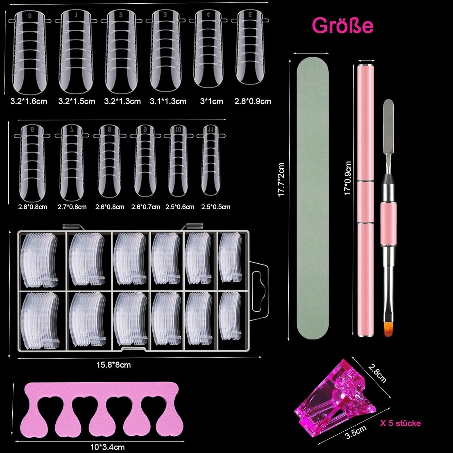 120 dubbele nagelformulierenset, nagelverlengingssjablonen met roze dubbele borstel, nageltipclip, spons-teenscheider en nagelvijl voor polygelnagels