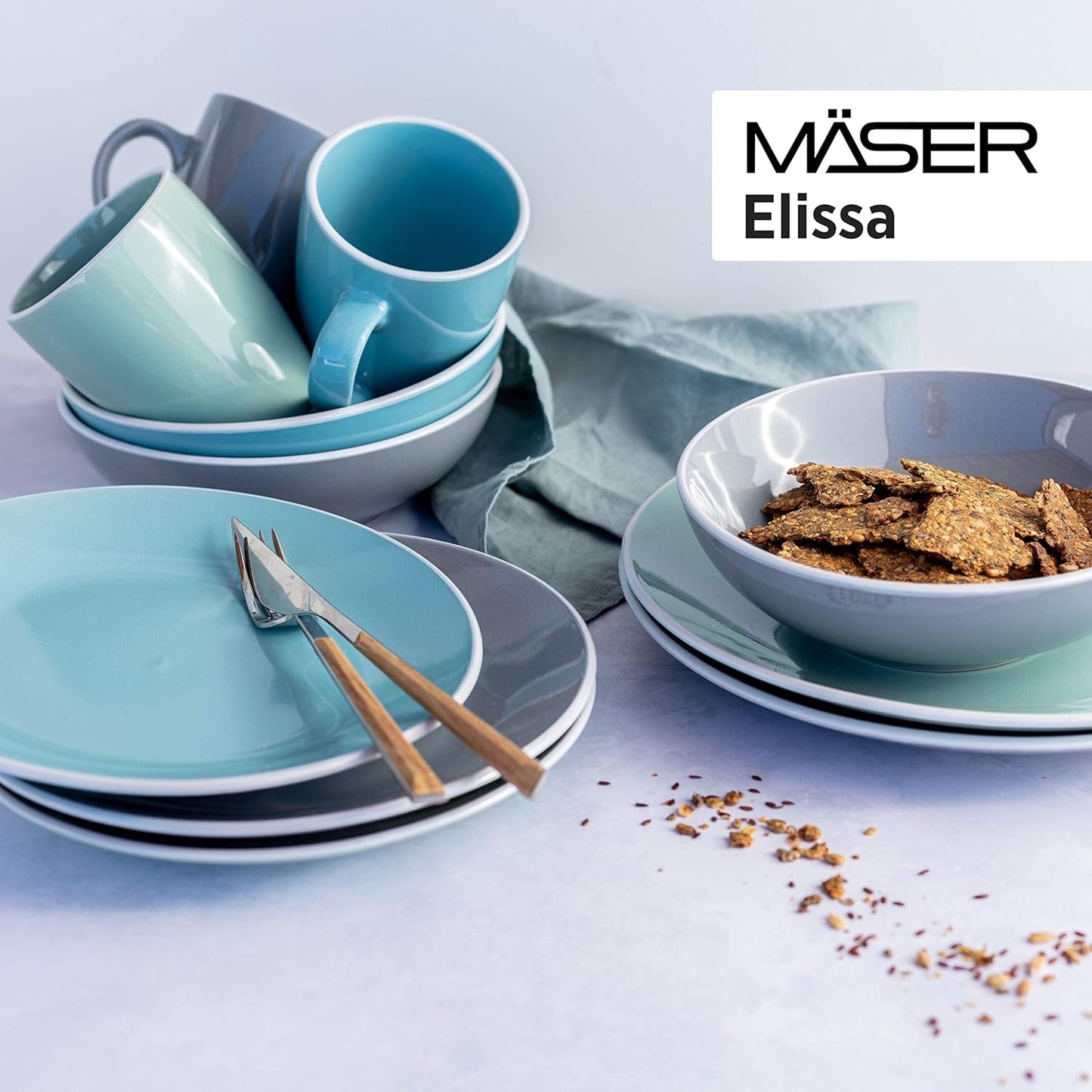 MÄSER 931844 Elissa-serie moderne serviesset voor 6 personen, blauw met witte rand, 24-delige combinatieset, keramiek