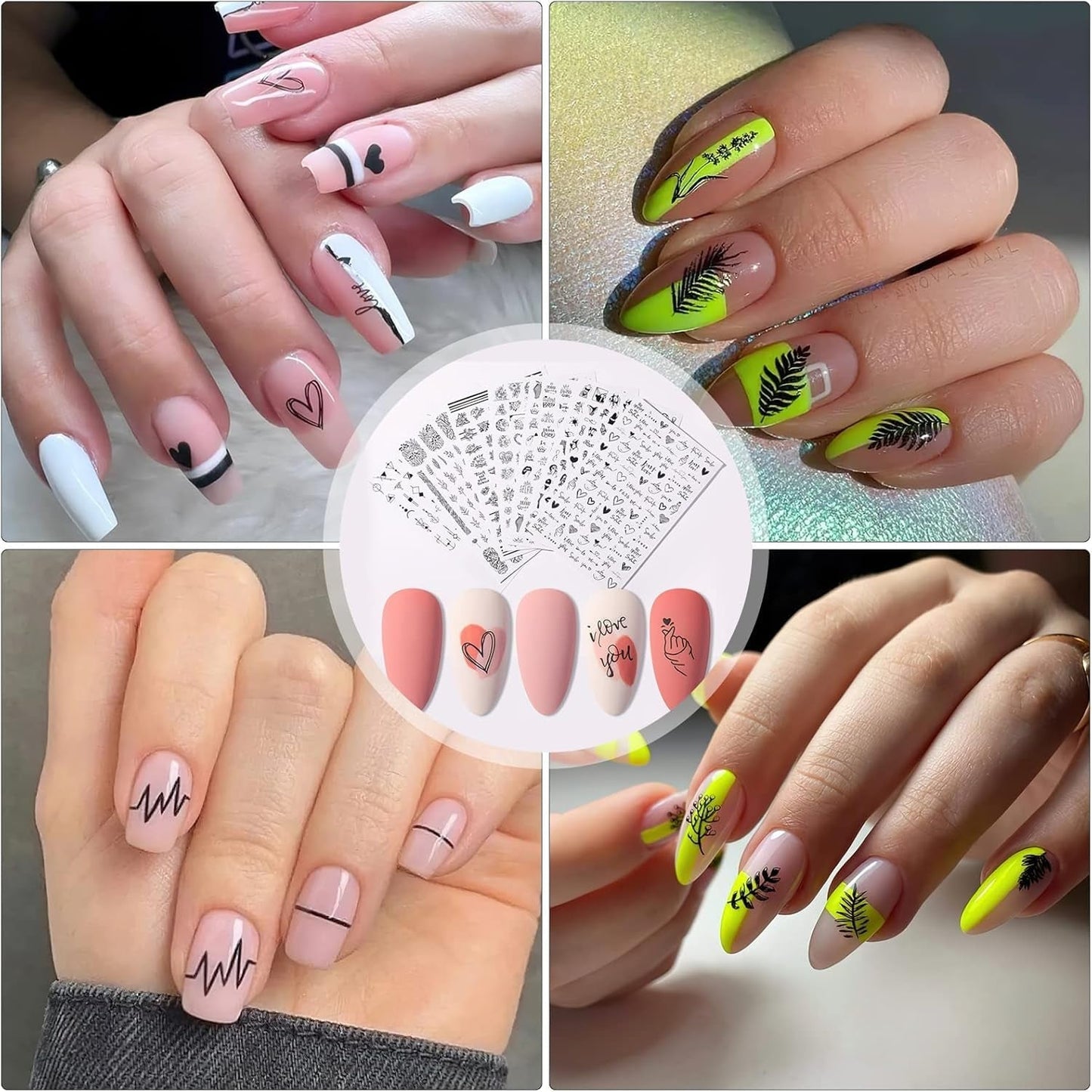 7 Blätter Nagelsticker Selbstklebend Nagelsticker Blumen Abstrakt 3D Schwarz Nagelaufkleber Nageldesign Herzform Wörter Pflanzen Nagelsticker DIY Nail Art Zubehör Maniküre Decoratie
