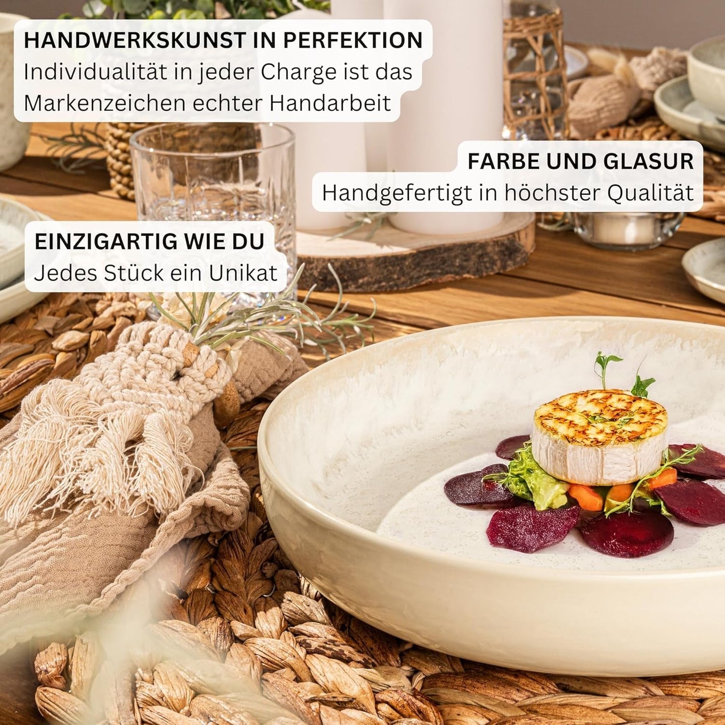 SÄNGER Key West | Serviesset van steengoed 24-delige dinerbordenset voor 6 6 dinerborden Mueslischalen Dessertborden Pastaschalen Crème Serviesgoed met zandtextuur | DE WAARDE-COLLECTIE
