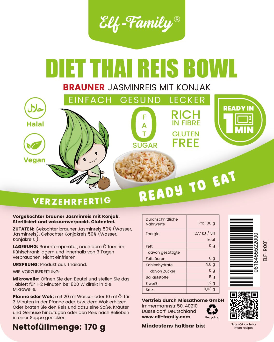 Elf-Family Konjak Reis Thai Brauner Shirataki Bowl -[Diätbox voor 1 Wo.] - Instant Jasmin Reis - Fertiggerichte voor Mikrowelle - Natürlich Superfoods Mikronährstoffe - Vegan/Low Carb/Fettfrei- 6er Box