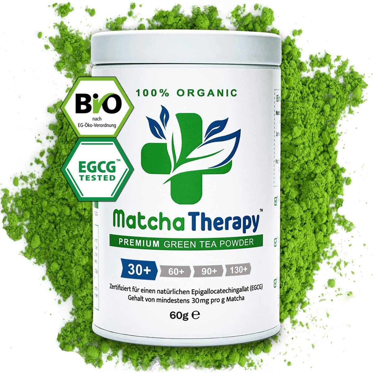 Matchatherapie 30+ | Biologische Matcha-theepoeder | 60 gram | Met een geverifieerd gehalte van minimaal 30 mg/g catechine EGCG | Ondersteunt het immuunsysteem en het energieniveau | Ceremoniële kwaliteit | Groene thee uit Japan