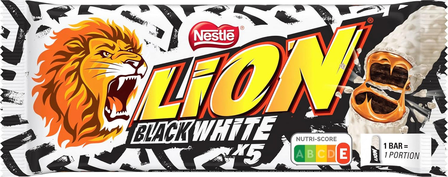 LION Black & White chocoladereep, een snack met een intense smaak, knapperige chocolade en knapperige chips, brownievulling, een unieke verrukkelijke ervaring, 1 pakje (5 x 30 g)