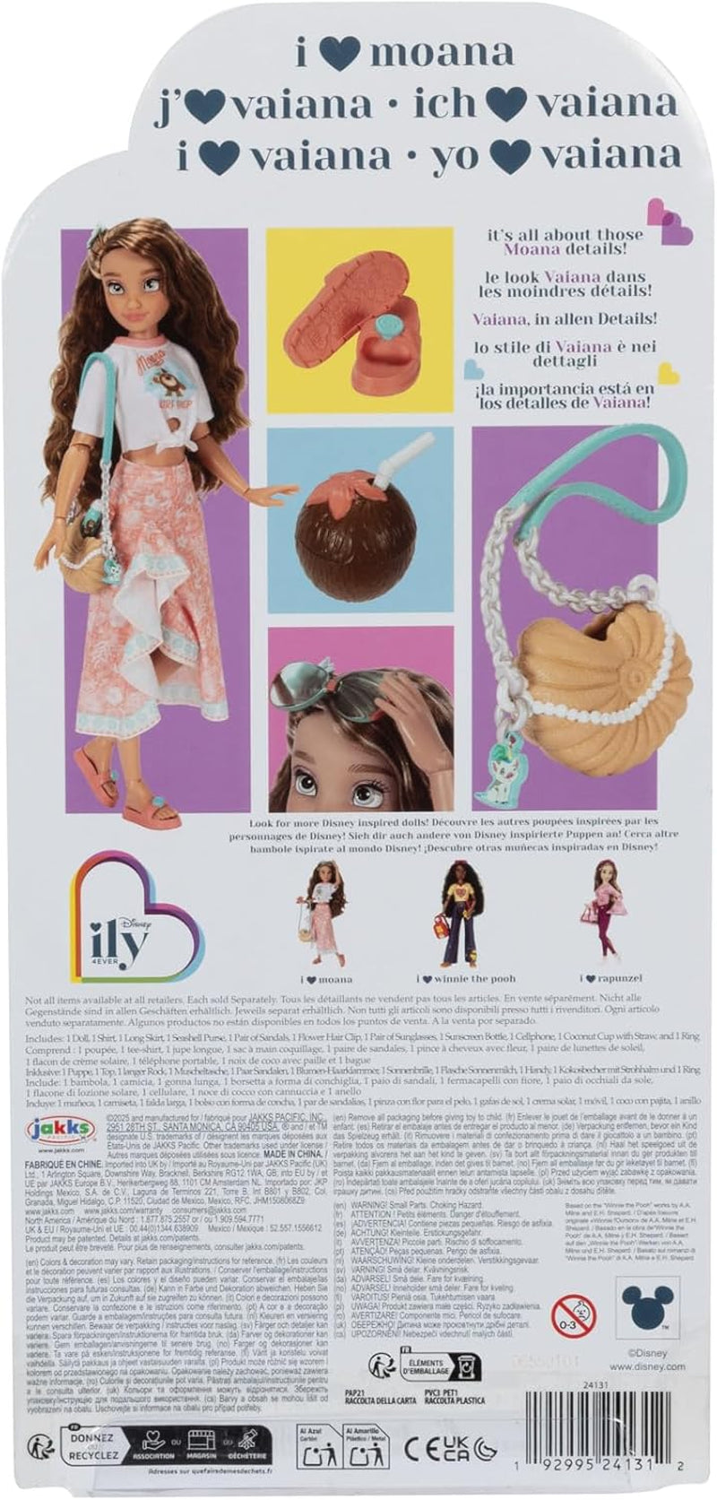 Vaiana-pop met accessoires, 29 cm, 13 scharnierpunten, officieel gelicentieerd door Jakks Pacific. Compleet met combineerbare accessoires en een sprankelende Mickey-ring!
