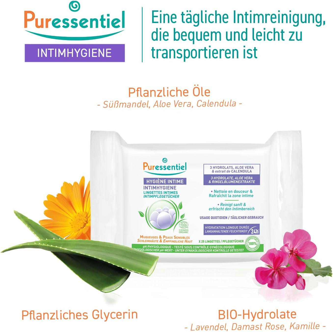 Puressentiel - Intieme hygiëne - Intieme doekjes - Reinigend en verfrissend - Gevoelige slijmvliezen en huid - Langdurige hydratatie 24 uur - Voor dagelijks gebruik - X25 st.