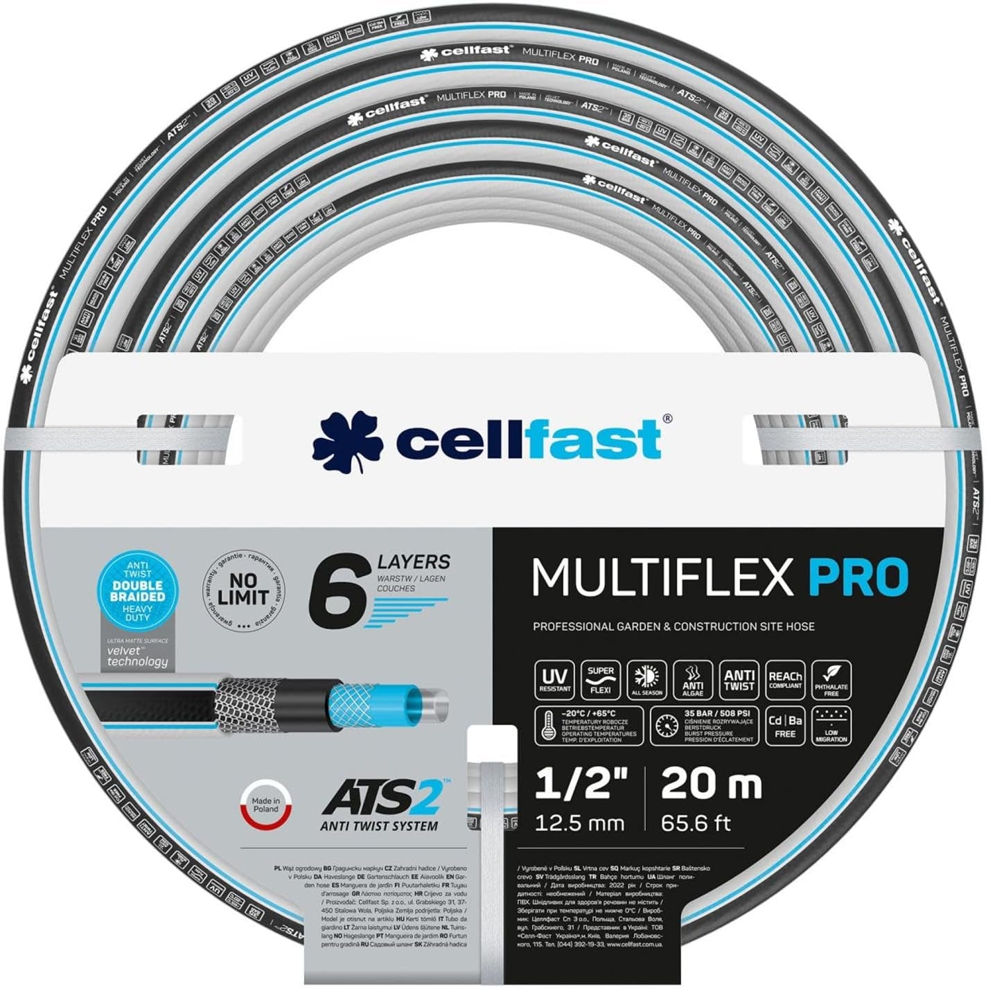 Tuinslang Cellfast MULTIFLEX PRO, duurzaam, 6-laags, ATS2 gebreide vlecht, UV- en algenbestendig, zware metalen vrij, fluwelen technologie, 35 bar, -20/+65°C, 3/4", 30m