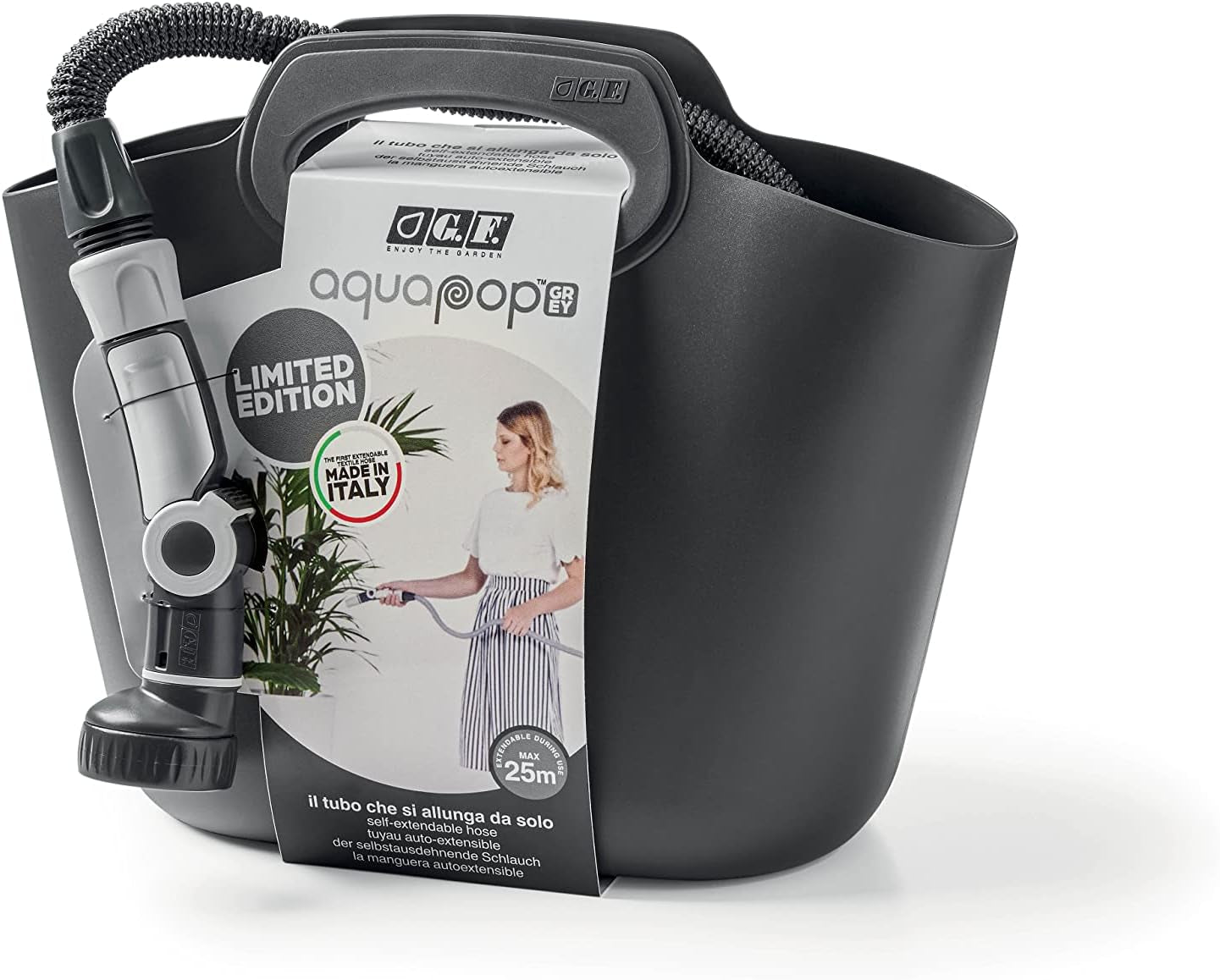 GF SRL, Aquapop Grey Limited Edition met 25 m zelfverlengende textielslang Made in Italy, zachte plastic zak, sproeiers en fittingen Lancia 8 voor tuinirrigatie, donkergrijs