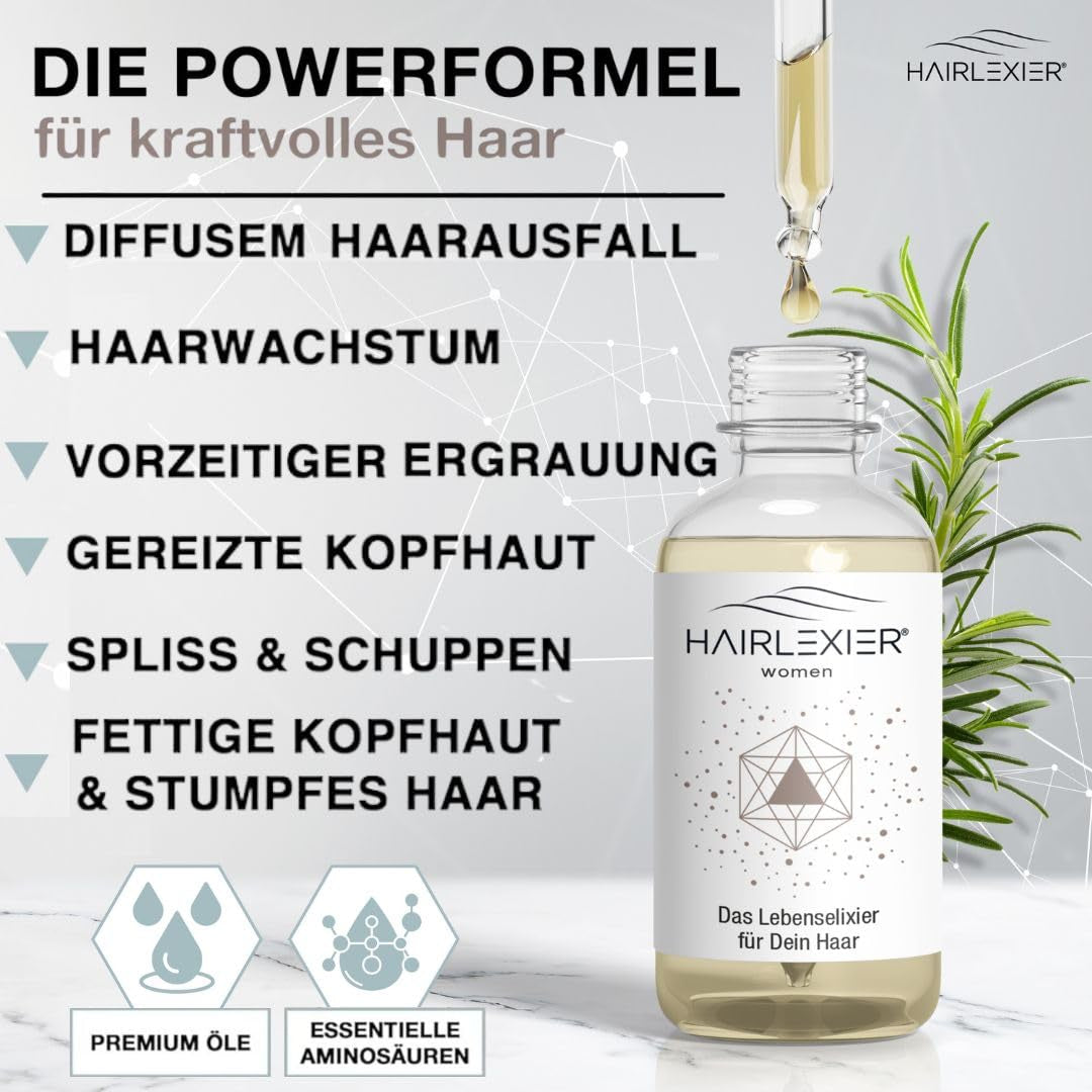 Hairlexier Haargroeimiddel voor vrouwen - Rozemarijn Haarolie, Ricinusolie Haarolie, Lavendelolie, Natuurlijk haarserum tegen diffuus haarverlies, Ondersteunt de haargroei, Veganistisch & Biologisch + Werkboek Haarverzorging Naty Shop
