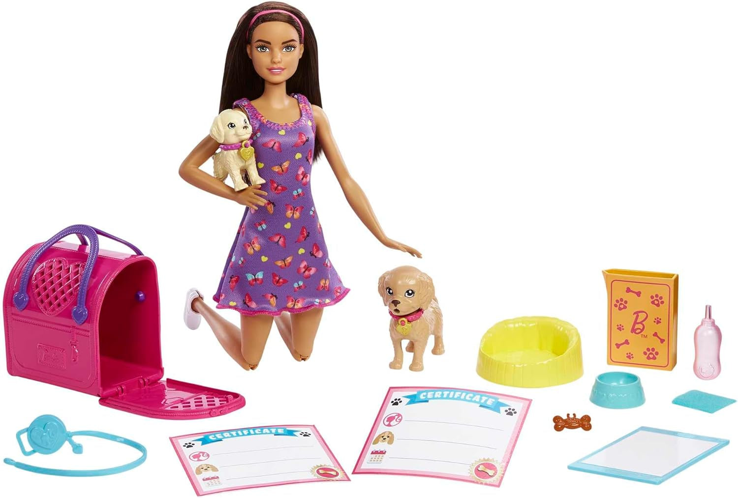 Adoptie Barbie Puppy - Pop en 2 puppy's, met adoptiecertificaten, kleurwisseleffect, kooi en accessoires, voor kinderen van 3 jaar en ouder, HKD 86