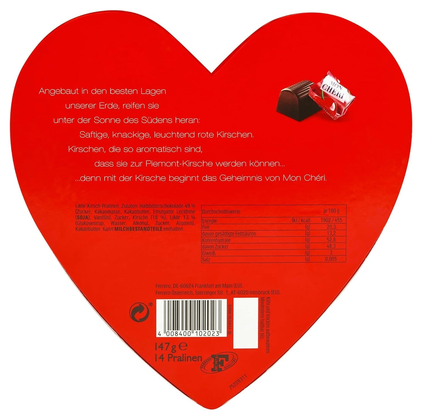 Ferrero Mon Chéri Heart - Valentijnsdag chocoladecadeau voor hem en haar - Knapperige chocolade, fruitige likeur en gearomatiseerde kersen - Voor Valentijnsdag, Moederdag en Pasen - 1 pakje 147g