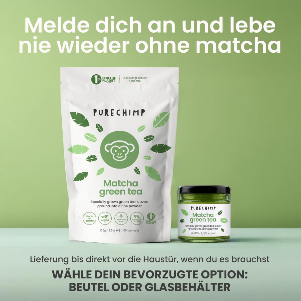 Purechimp Ceremoniële Matcha Poeder 50g. 100% puur schaduwtheepoeder voor lattes, infusies en recepten. Recyclebare pot. Rijk aan antioxidanten.