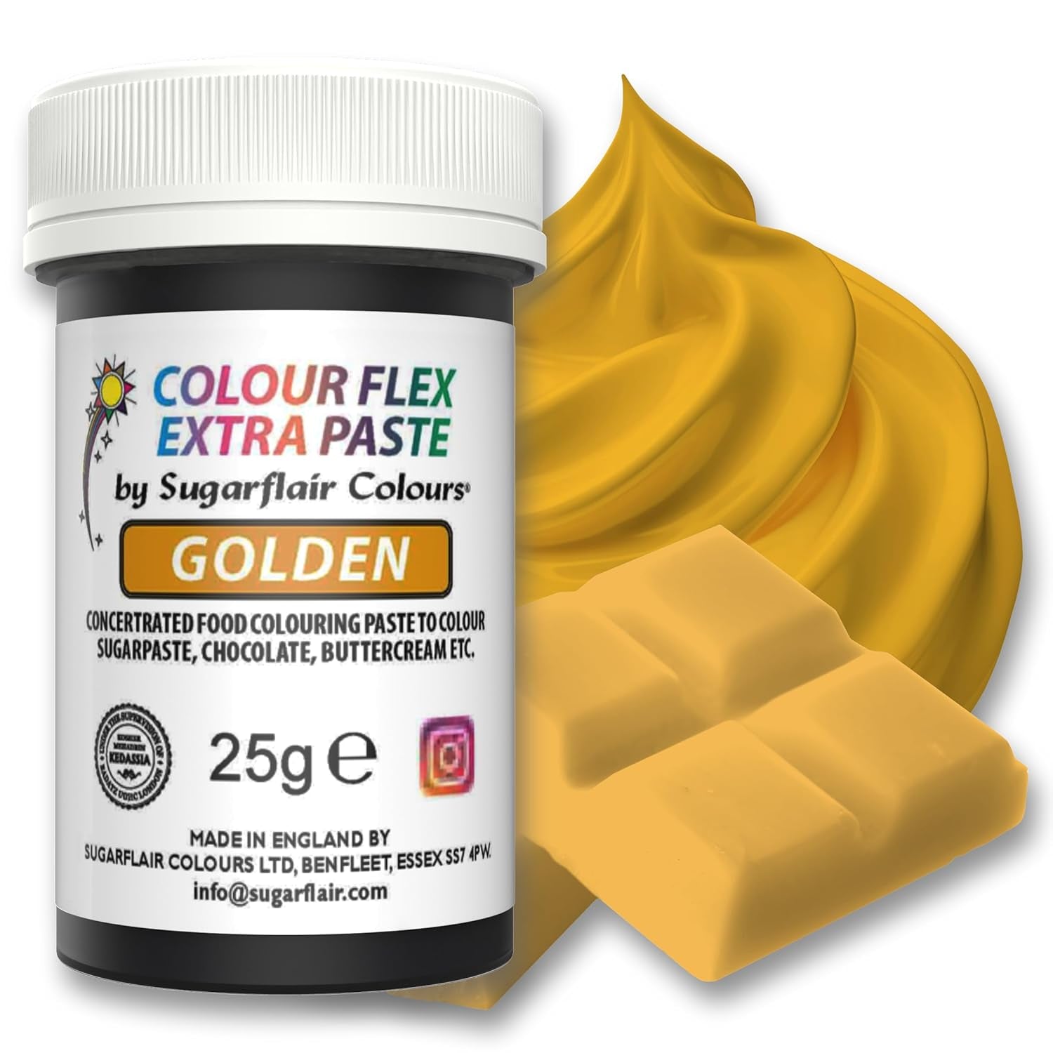 Kleurstofpasta Sugarflair Colourflex Extra Paste Golden - Eetbare kleurstof voor botercrème, chocolade, suikerpasta, glazuur, fondant, cakemixen, deeg en meer - 25g