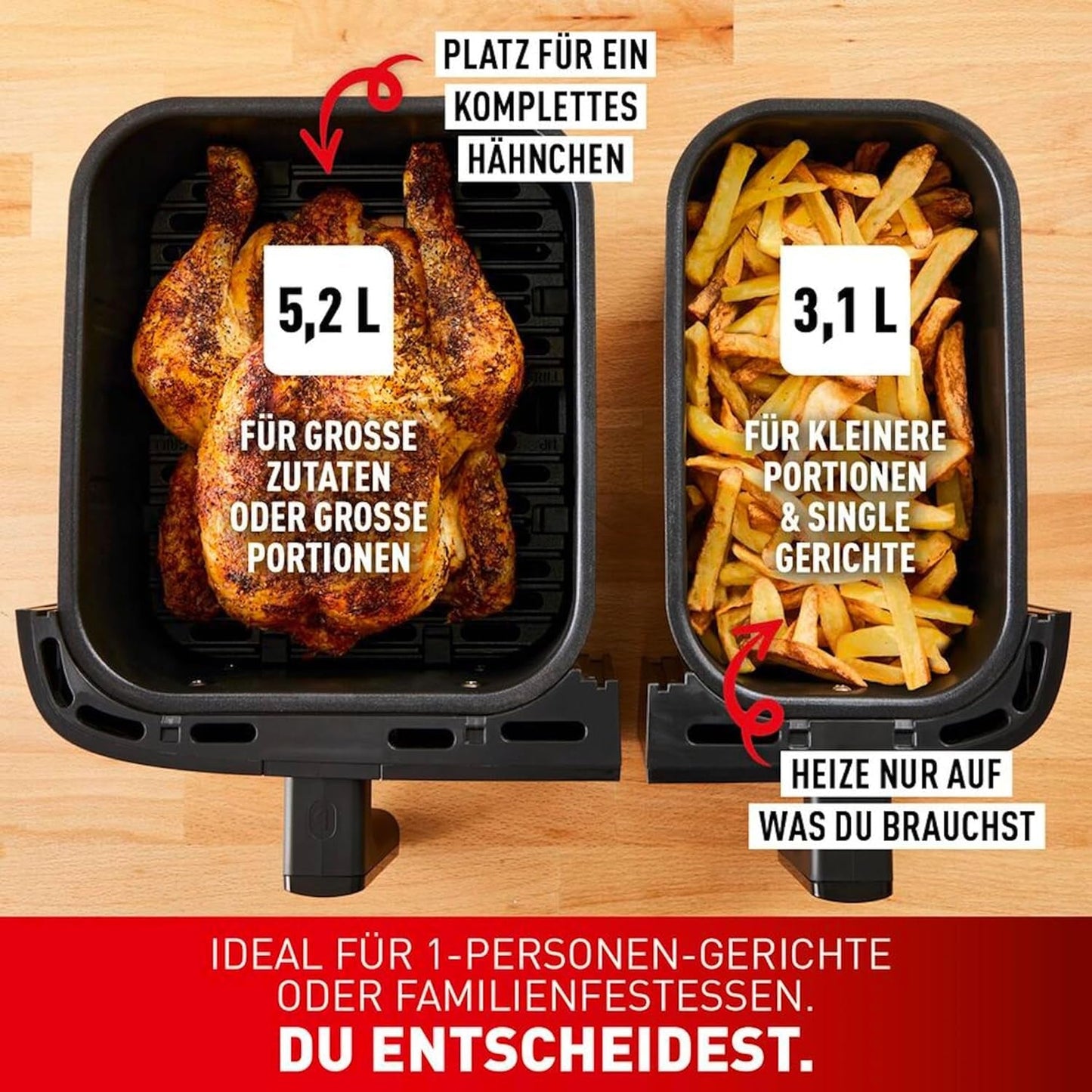 Tefal Dual Easy Fry Heteluchtfriteuse met twee kamers, inhoud 5,2/3,1 liter, twee onafhankelijke laden, 7 programma's Huishoudelijke apparaten Naty Shop