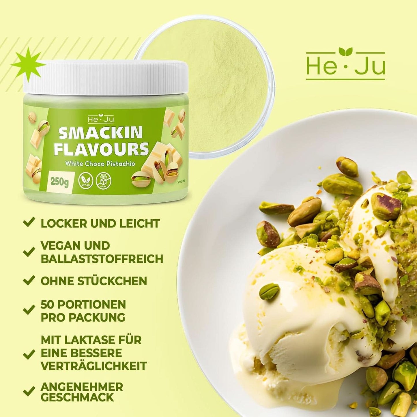 He-Ju, Poeder met witte chocolade- en pistachesmaak, 250 gram Naty Shop Flavours