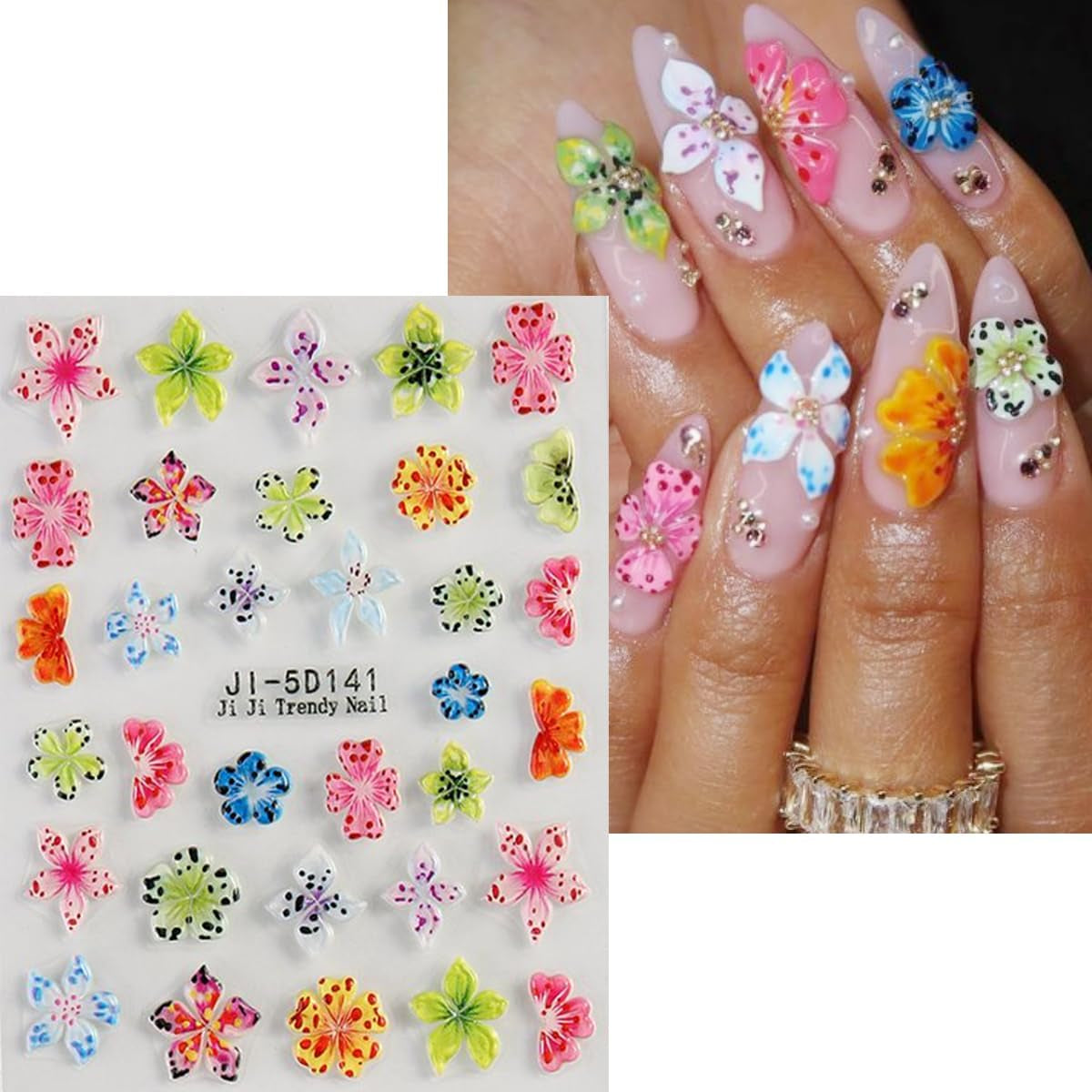 JMEOWIO 3D Nagelsticker Kleurrijke Bloem Nail Art Sticker Selbstklebend Nagelaufkleber 5D Stereoskopisch Lente Zomer Bloemendecoratie Nageldesign Zubehör 4 Blatt