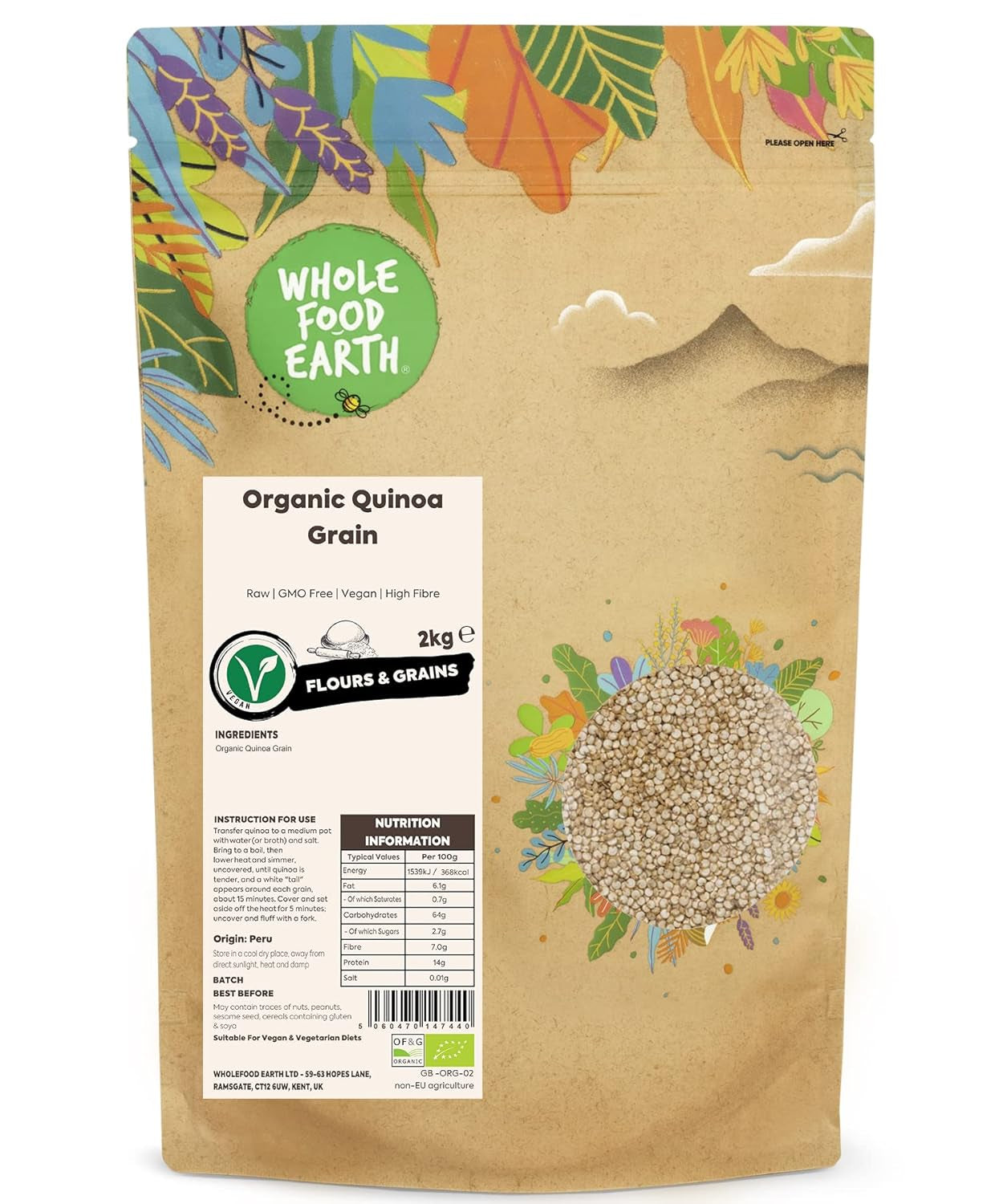 Wholefood Earth biologische quinoakorrels – 2kg | Wreed | Niet-GMO | Veganistisch | Rijk aan vezels | Gecertificeerd biologisch